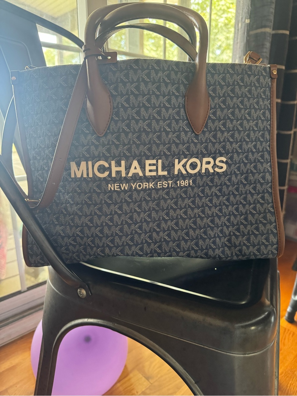 Michael Kors Men's Navy MK Logo Messenger Bag with Brown Trim